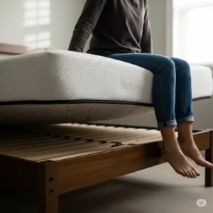 A person sitting on the edge of a queen mattress on full frame, illustrating the dangerous and unstable overhang.