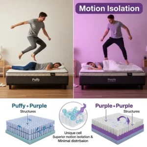Visual representation illustrating the superior motion isolation properties of both Puffy and Purple mattresses.