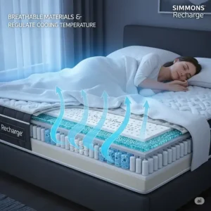 An illustration showcasing the breathable materials and cooling technology embedded in a simmons recharge mattress, designed to regulate temperature for comfortable sleep.