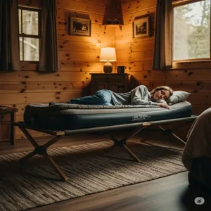 A person comfortably sleeping on an air mattress on a cot within a rustic cabin, highlighting the versatility of this sleep system for indoor use.