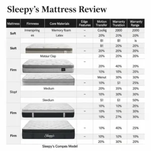 Comparison chart illustrating key features and differences between various Sleepy's mattress models, aiding in a comprehensive Sleepy's mattress review.