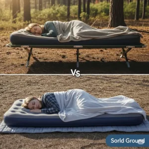 Visual comparison showing the benefits of an air mattress on a cot for warmth and comfort versus an air mattress directly on the cold ground.