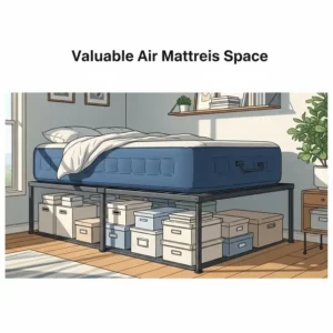 An illustration highlighting the valuable under-bed storage space created by an elevated air mattress stand, perfect for optimizing small areas.
