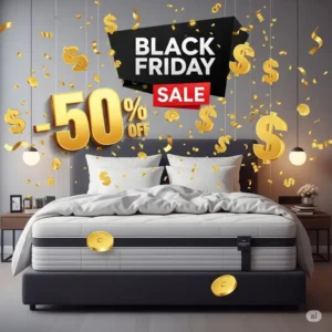 Illustration showcasing significant savings on a Black Friday mattress, with a large percentage discount symbol and dollar signs floating around a comfortable bed, representing unbeatable deals.