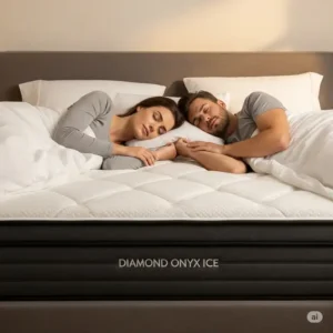 Happy couple sleeping soundly on a Diamond Onyx Ice mattress, emphasizing the comfort and support that justify its Diamond Onyx Ice mattress price.