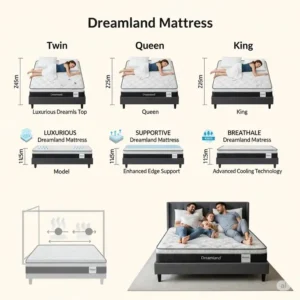 Visual representation of various dreamland mattress sizes (twin, queen, king) and available models to suit different needs.