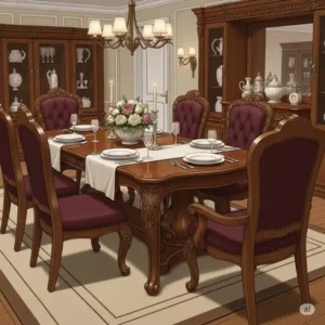 Illustration of an elegant dining room table and chairs, part of the extensive furniture collection at Mattress & Furniture Express.