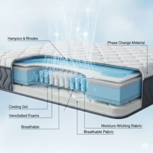 "Visual representation of the cooling technology integrated into a hampton and rhodes mattress, ensuring a comfortable temperature all night."