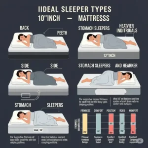 "Infographic categorizing ideal sleeper types (back, side, stomach, heavier individuals) for both 10 inch and 12 inch mattresses, helping users choose based on their sleep position."