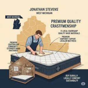 "Graphic highlighting the local craftsmanship and West Michigan origin of Jonathan Stevens mattresses, emphasizing quality and community support."