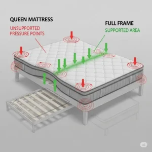  A diagram illustrating the lack of support and pressure points when using a queen mattress on full frame.