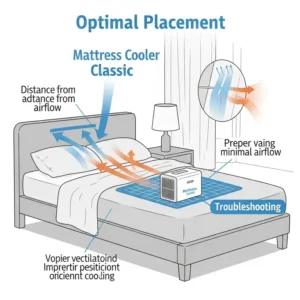 An illustration showing optimal placement of the Mattress Cooler Classic unit to ensure proper airflow and prevent overheating, addressing a potential mattress cooler classic troubleshooting area.