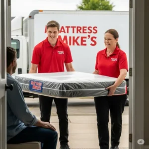 Mattress Mike's team delivering a new mattress to a customer's home, emphasizing convenient and reliable service.