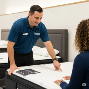 An Original Mattress Factory representative assisting a customer, emphasizing the helpful customer service often highlighted in original mattress factory reviews.