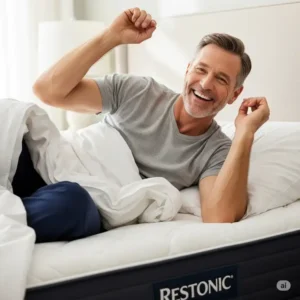 A person waking up refreshed and smiling on a Restonic mattress, illustrating the improved sleep quality often reported in Restonic mattress reviews.