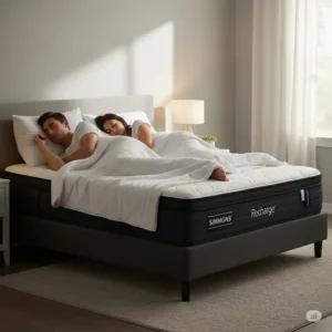 A serene image of a couple comfortably sleeping on a simmons recharge mattress, emphasizing undisturbed sleep and motion isolation for two.