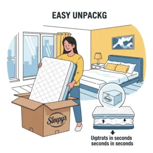 Illustration depicting the easy unboxing process of a new Sleepy's mattress, a common aspect covered in a Sleepy's mattress review.