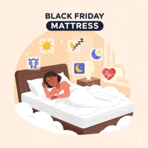 Illustration highlighting the benefits of a new Black Friday mattress, with a person peacefully sleeping on a cloud-like bed, surrounded by icons of good health and restful sleep.