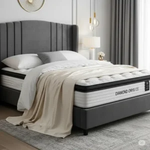 Luxurious bedroom setting featuring the Diamond Onyx Ice mattress as the centerpiece, suggesting the high-end experience associated with its Diamond Onyx Ice mattress price.