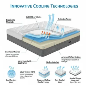 Infographic highlighting the various cooling technologies integrated into iSeries mattresses for temperature regulation.