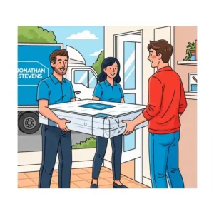 Illustration depicting the convenient delivery service for a new Jonathan Stevens mattress, ensuring a smooth customer experience."