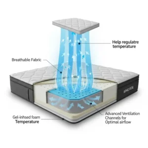 Illustration showcasing the cooling features and airflow in a King Koil mattress, helping to regulate temperature for hot sleepers according to King Koil mattress reviews.