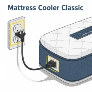 A simple illustration highlighting the power cord and outlet, emphasizing checking secure power connections as a first step in mattress cooler classic troubleshooting a non-starting Mattress Cooler Classic.