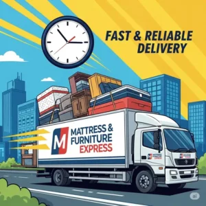 Graphic illustrating fast and reliable delivery services for mattresses and furniture from Mattress & Furniture Express.