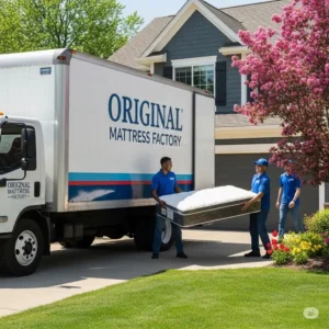 An Original Mattress Factory delivery truck arriving at a home, symbolizing the delivery experience discussed in original mattress factory reviews.