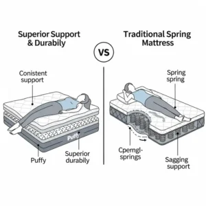 Comparative illustration showing the superior support and durability of Puffy mattresses compared to traditional spring mattresses prone to sagging over time.