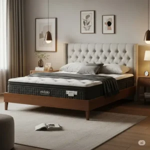 Elegant upholstered bed frame for foam mattress in a contemporary bedroom.