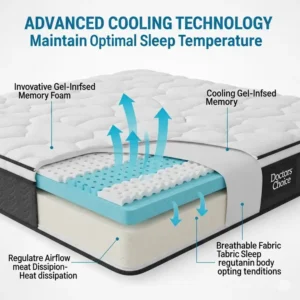 Graphic illustrating the advanced cooling technology in a Doctors Choice mattress to maintain an optimal sleep temperature.