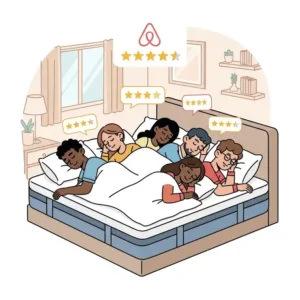 An illustration featuring happy sleeping figures or positive review stars above a mattress, symbolizing high guest satisfaction from using the best Airbnb mattress.