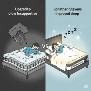 "Comparison illustration showcasing the benefits of upgrading to a new Jonathan Stevens mattress versus an old, unsupportive one, for improved sleep."