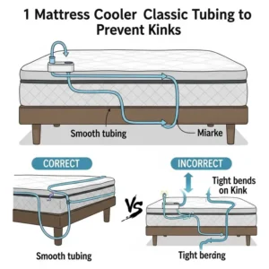 An illustration demonstrating proper routing of the Mattress Cooler Classic tubing to prevent kinks, which can restrict water flow and impact cooling efficiency. This is a key mattress cooler classic troubleshooting tip.
