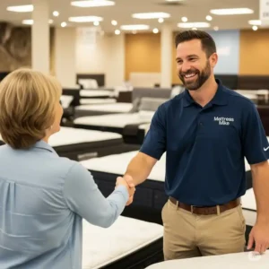 Mattress Mike shaking hands with a delighted customer, representing the satisfaction of choosing the right mattress.