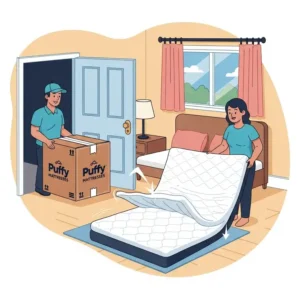 Illustration depicting the convenient bed-in-a-box delivery of Puffy mattresses, making setup effortless and hassle-free.
