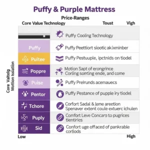 Chart visually comparing the price ranges and value propositions of different Puffy and Purple mattress models.