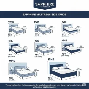 Infographic displaying various available size options for a sapphire mattress, from twin to king.