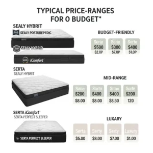 Infographic comparing the typical price ranges of various Sealy and Serta mattress models for different budgets.