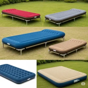 A collection of air mattresses in various sizes, from twin to queen, paired with appropriate camping cots, showcasing options for different sleeping needs for an air mattress on a cot.