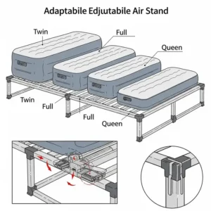 An illustration showing an air mattress stand accommodating various air mattress sizes, from twin to queen, for versatile use.
