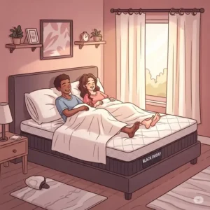 Illustration of a happy couple relaxing and enjoying their new Black Friday mattress in a cozy bedroom, emphasizing comfort, support, and the joy of a great sleep experience.