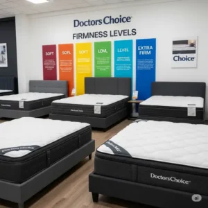 Display showcasing the various firmness levels available for Doctors Choice mattresses, catering to diverse sleep preferences.