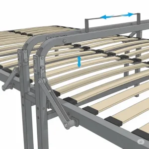 Close-up illustration showcasing the durable steel or metal construction and slatted design of a high-quality folding queen mattress frame.