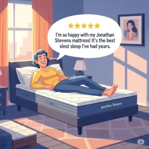"Illustration of a positive customer review for a Jonathan Stevens mattress, featuring a star rating and highlighting satisfaction with the product."