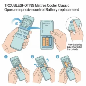 An illustration depicting how to open the remote control for the Mattress Cooler Classic and replace its batteries, a simple mattress cooler classic troubleshooting step for unresponsive controls.