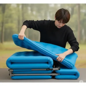 A person efficiently deflating and folding an air mattress on a cot, demonstrating the ease of packing and portability for camping or guest use.
