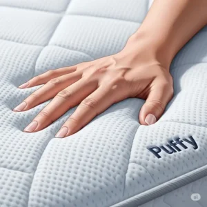Close-up illustration of a hand touching the incredibly soft and breathable cover of a Puffy mattress, highlighting its luxurious texture and comfort.