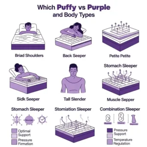 An illustrative guide indicating which Puffy or Purple mattress is best suited for various sleeping positions and body types.